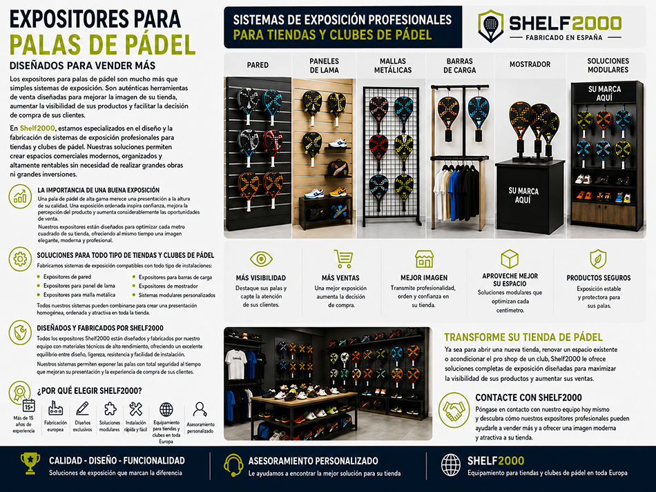 Expositores para palas de pádel profesionales Shelf2000 para tiendas y clubes